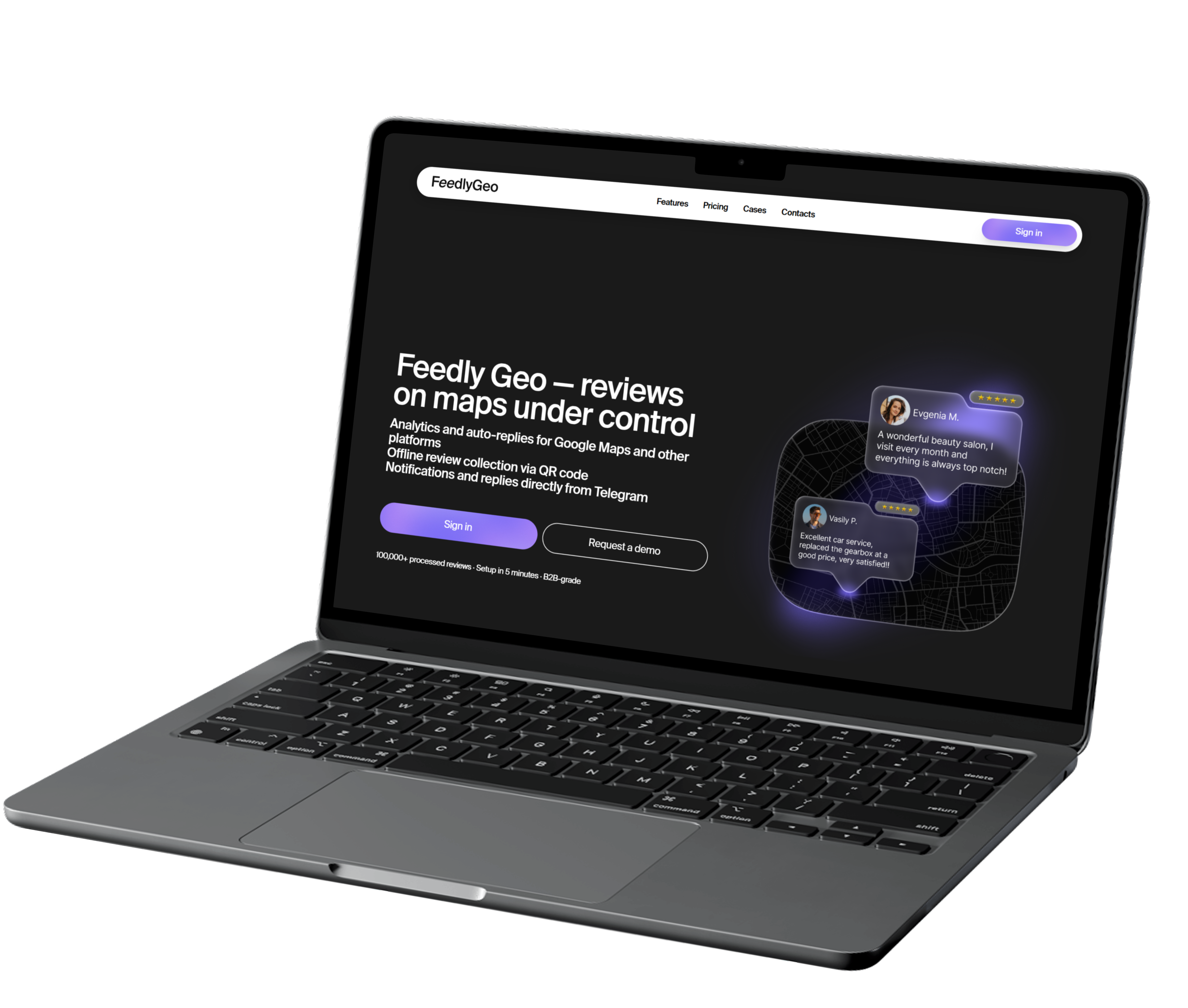 Feedly Geo product running on a MacBook — geospatial review analytics dashboard