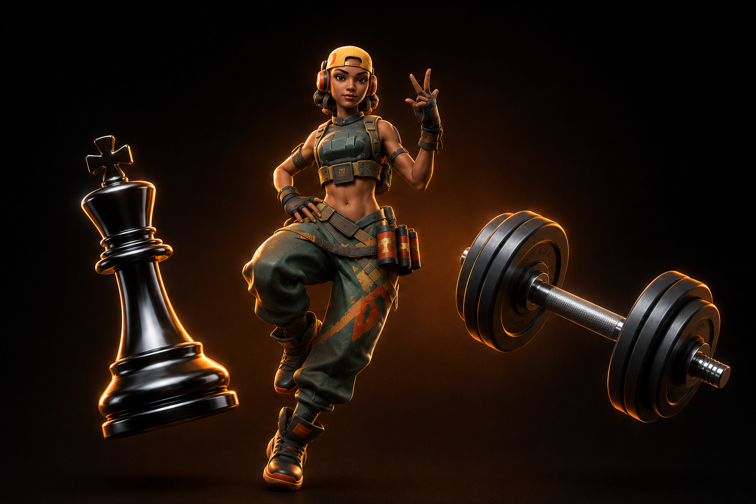 Chess king, Valorant agent and dumbbell — 3D illustration of strategy, focus and energy